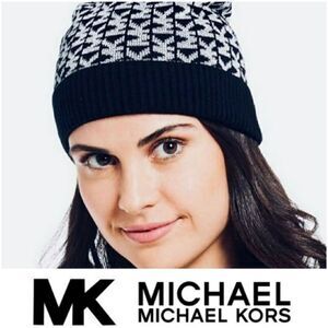 Michael Kors Women`s Bordered MK Logo Cuff Beanie HAT Black & white NWT